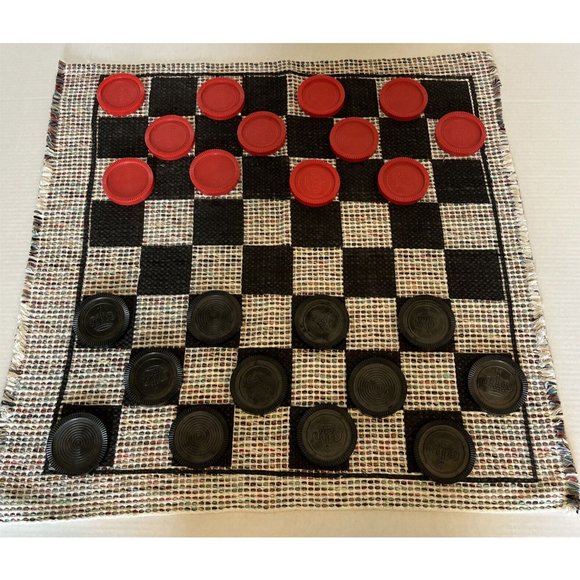 Jumbo Checker Rug Board Game Play Set, 24 Checkers Pieces Complete 28”x27” - Picture 1 of 5
